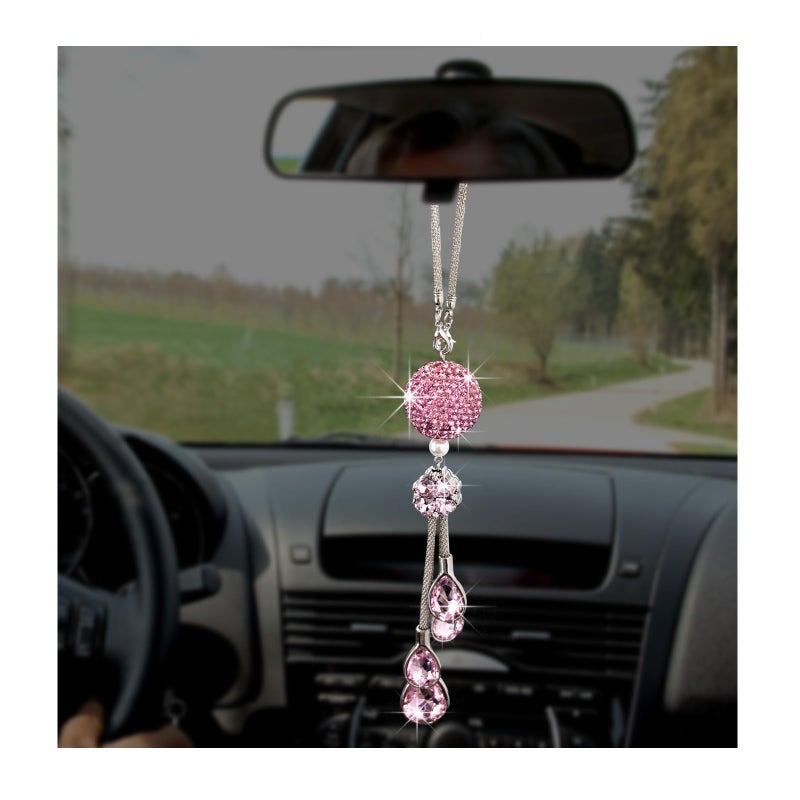 Suvnie Bling Ball and Drops Car Hanging Pendant Crystal Auto Rearview Mirror Ornament for Women Girls Universal Sparkly Vehicle Interior Decor Accessories Pink BallPink Teardrop - Image 3