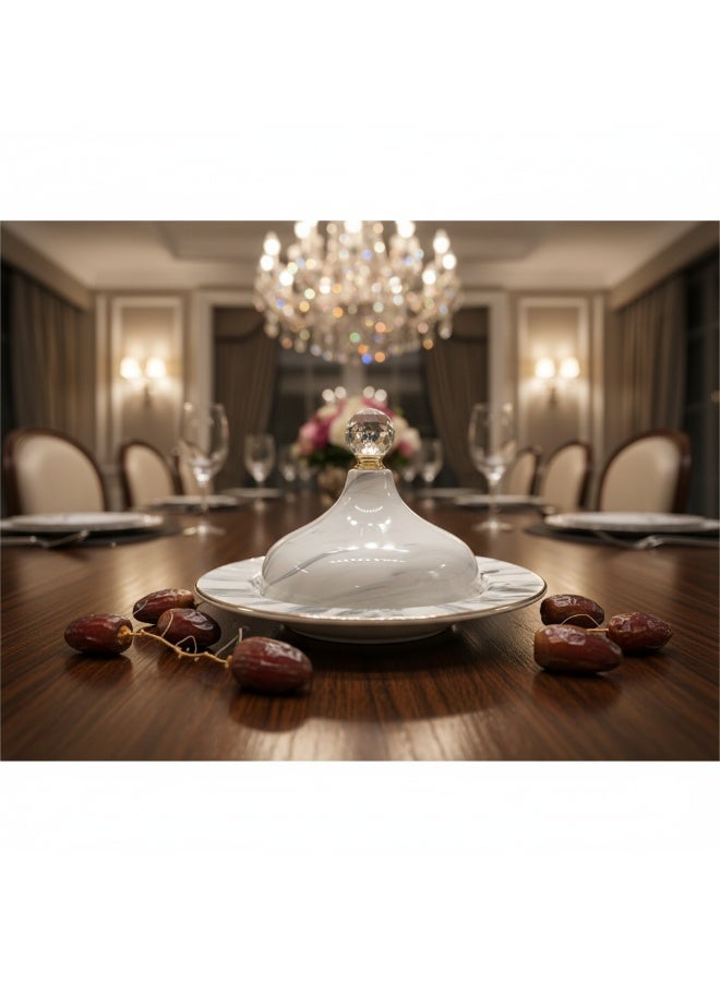 تمرية صحن سيراميك بغطاء لتخزين التمر الحلويات المكسرات والشكولاته برأس كريستالي - Image 4