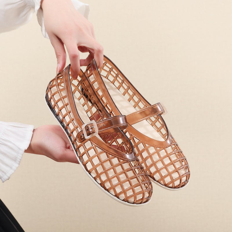 2026 New Summer Women's Shoes, Outdoor Versatile Hollow-Out Checkered Non-Slip Flat Jelly Shoes