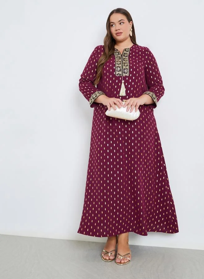 Amirah Plus Size Foil Print Jalabiya with Tassel Trim