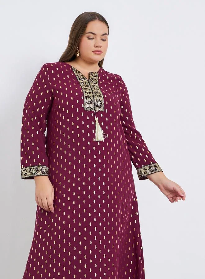 Amirah Plus Size Foil Print Jalabiya with Tassel Trim