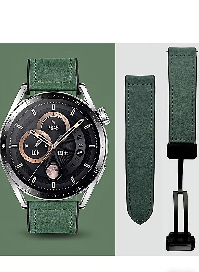 هابي دي سوار ساعة جلدي بعرض 22 ملم مع تصميم مشبك مغناطيسي، متوافق مع ساعة هواوي GT3/4 بحجم 46 ملم، GT3 Pro، ساعة هواوي 3، GT2e، GT2 Pro، GT2 بحجم 42/46 ملم، وساعة سامسونج جالاكسي 3 بحجم 45 ملم / Gear S3 (أخضر) - Image 1