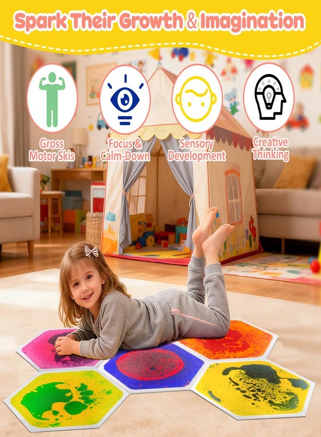 PlentiVive Sensory Floor Tiles for Kids, 6 Pack Premium PET Liquid Lava Tiles with Bonus Fidget Toy, 12"x12" Hexagon Sensory Mats for Calming Corner & Playroom, Autism & ADHD Tools - Image 3