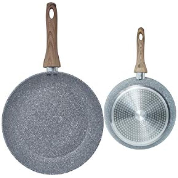 هومواي مقلاة 24 سم مطلية بالرخام مع طبقة غير لاصقة من 5 طبقات، سمك 3 مم، مقبض خشبي ناعم الملمس، صديقة للحث، وهيكل مطروق، لون رمادي Hw3413 - Image 1