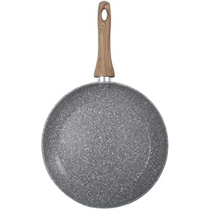 هومواي مقلاة 24 سم مطلية بالرخام مع طبقة غير لاصقة من 5 طبقات، سمك 3 مم، مقبض خشبي ناعم الملمس، صديقة للحث، وهيكل مطروق، لون رمادي Hw3413 - Image 2