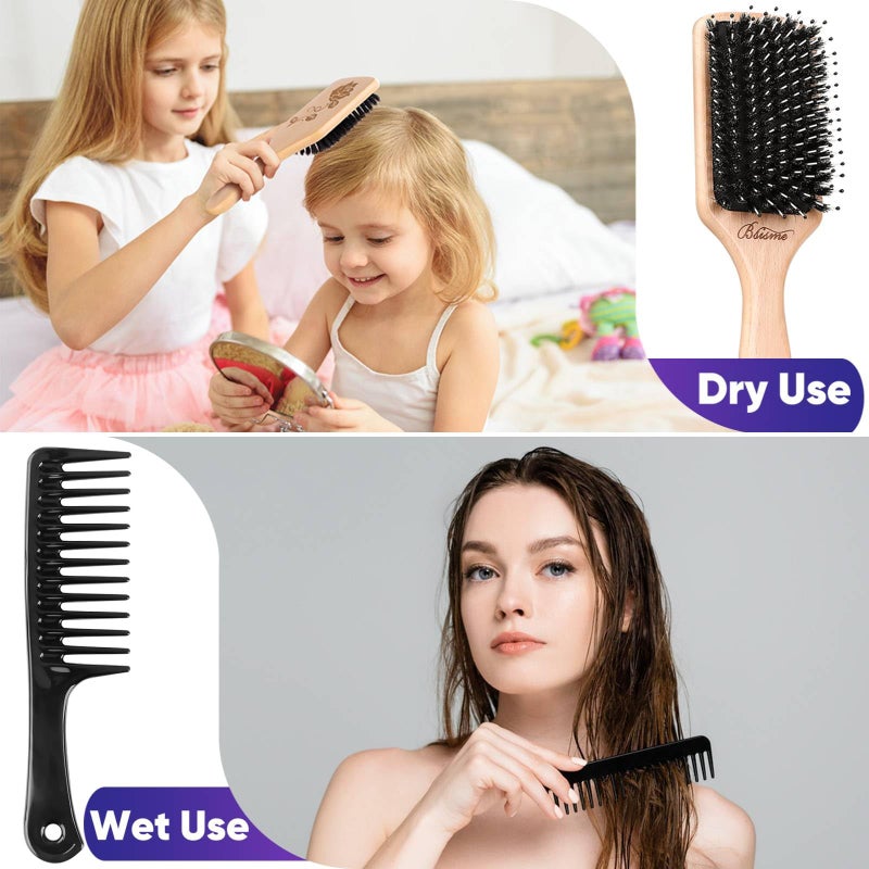 Bsisme Hair Brush-Boar Bristle Hairbrush with Detangling Pins Wooden Paddle Detangler Hairbrush for Women Men Reduce Frizz Dry Restore Natural Shine - Image 5