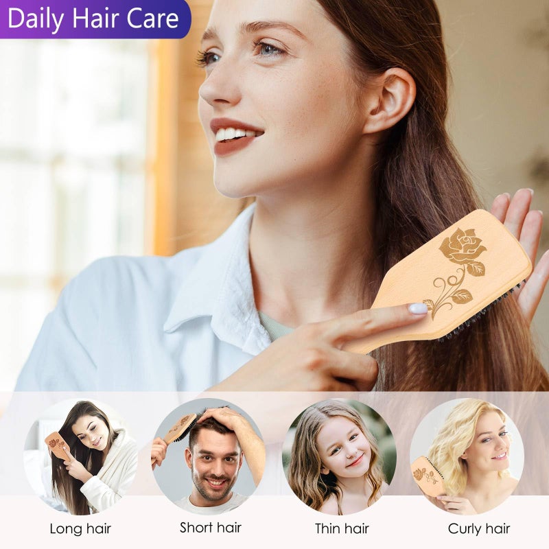 Bsisme Hair Brush-Boar Bristle Hairbrush with Detangling Pins Wooden Paddle Detangler Hairbrush for Women Men Reduce Frizz Dry Restore Natural Shine - Image 4