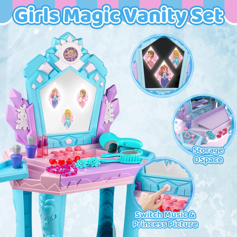 Tsomtto Toddler Frozen Vanity Table and Chair, Girls Magic Makeup Set with Mirror and Lights & Music, Kids Pretend Play Toys for 2 3 4 5 Year Old Girl Princess Dress Playset Birthday Easter Gifts Ages 2-4 3-5 - Image 3