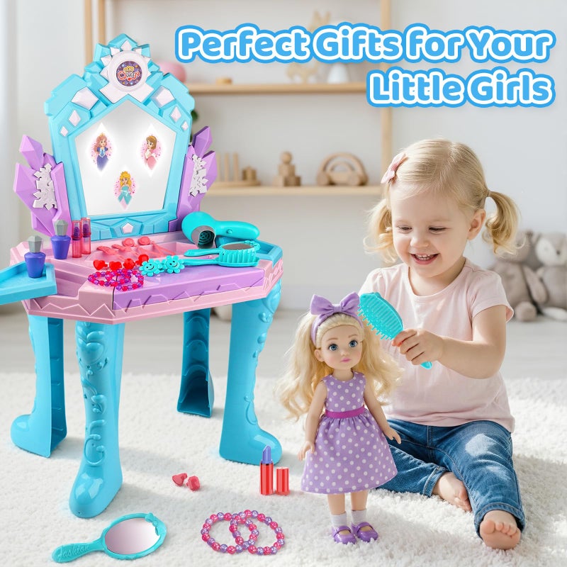 Tsomtto Toddler Frozen Vanity Table and Chair, Girls Magic Makeup Set with Mirror and Lights & Music, Kids Pretend Play Toys for 2 3 4 5 Year Old Girl Princess Dress Playset Birthday Easter Gifts Ages 2-4 3-5 - Image 5