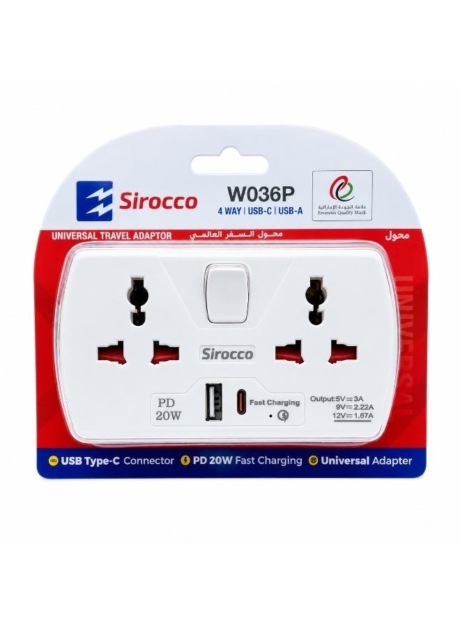 سيروكو محول سفر عالمي 4 مخارج مع USB-C و USB-A، شحن سريع PD 20W، W036P - Image 1