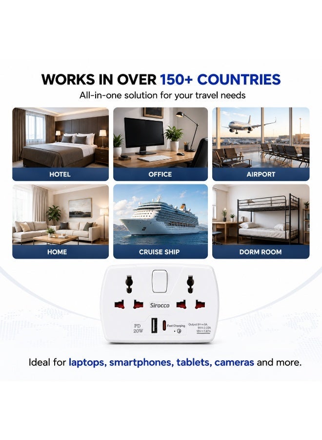 سيروكو محول سفر عالمي 4 مخارج مع USB-C و USB-A، شحن سريع PD 20W، W036P - Image 4