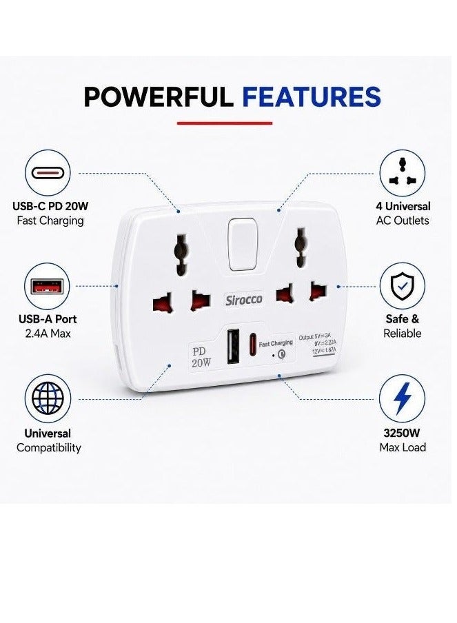سيروكو محول سفر عالمي 4 مخارج مع USB-C و USB-A، شحن سريع PD 20W، W036P - Image 3