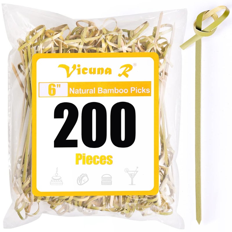 200PCS Cocktail Picks Bamboo Skewers For Appetizers 6 inch Fancy Toothpicks For Appetizers Long Cocktail Skewers With Knot Handmade Bamboo Sticks Cocktail Toothpicks For Drinks Fruit Food Picks