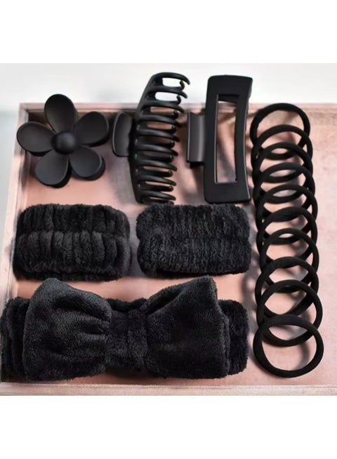 16 PCs/Set Hair Ties Face-Washing SET: 3-Hair Claw Clips, 1-Fluffy Bow Face Washing headband,  2-Wrist Bands,10-hair-tie bands. Women Hair Accessories Set with a flower Hair Claw clip.
