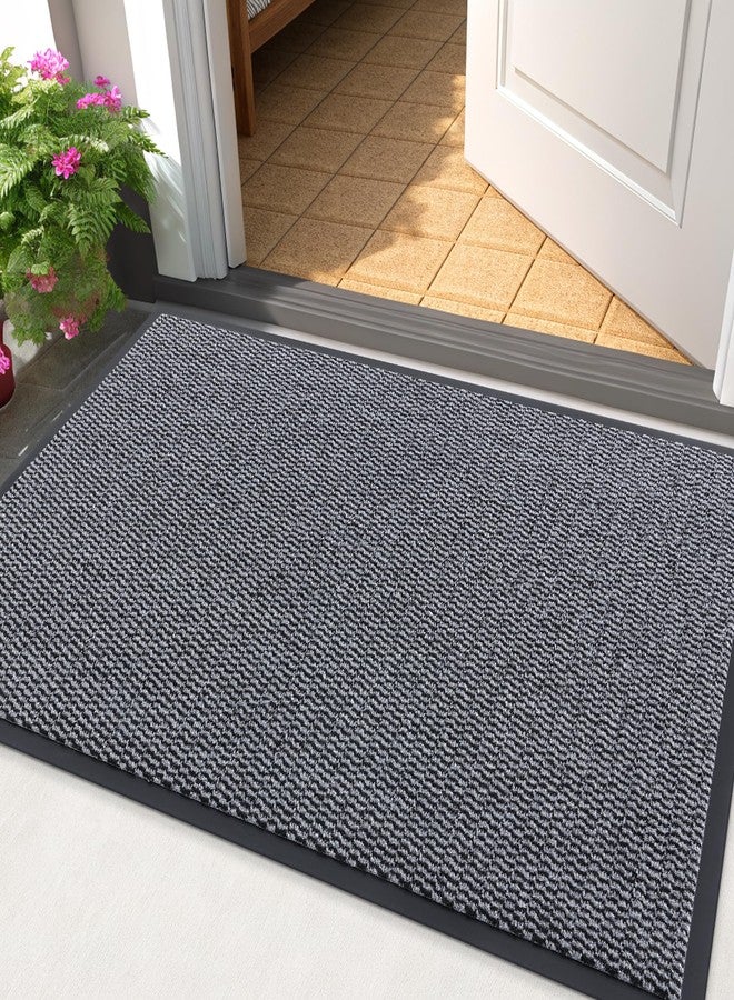 Smiry Front Door Mat Outside Entrance, Low Profile Sturdy Rubber Doormat, Heavy Duty Dirt Trapper, Non-Slip PVC Backing, Easy Clean Floor Mat for Indoor Outdoor Entry, 29.5x17 Inch, Black - Image 1