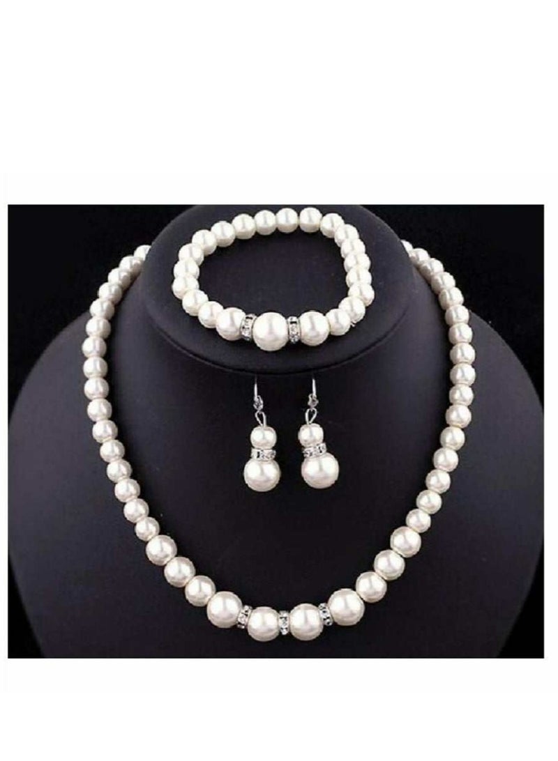RA accessories Elegant Women Set Necklace, Earring & Bracelet Off White Pearls With Diamond 