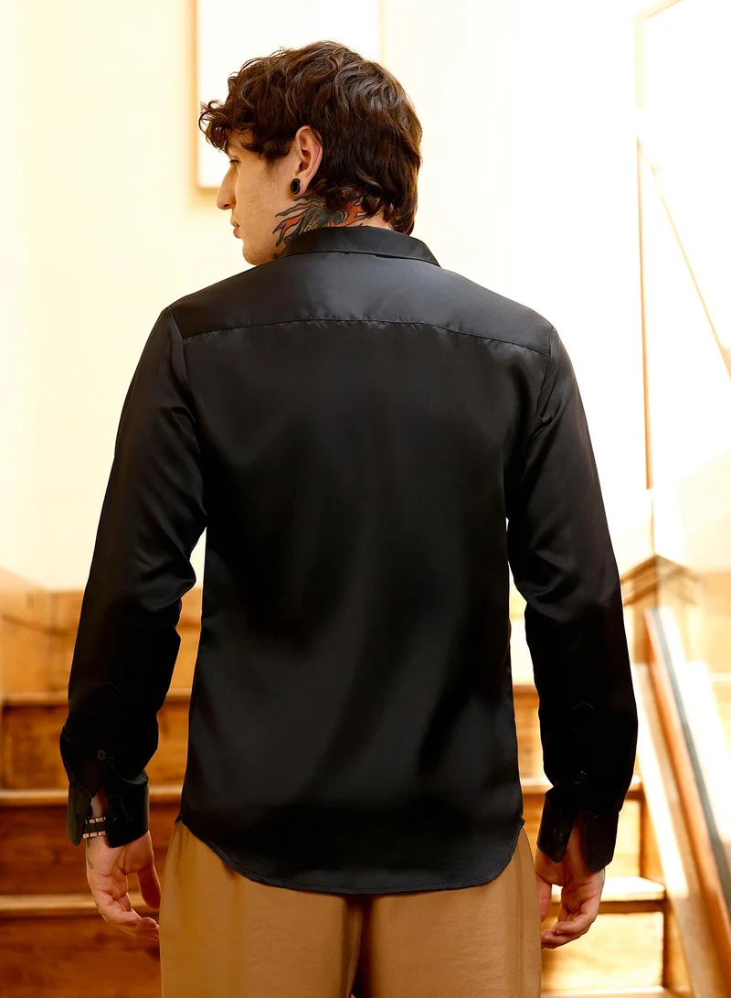 Campus Sutra Campus Sutra Men Solid-Satin Regular Shirt | Spread Collar Long Cuffed Sleeves | Button Closure Curved Hem | Solid Plain | Woven Fabric For Casual & Daily Wear | Onyx Black