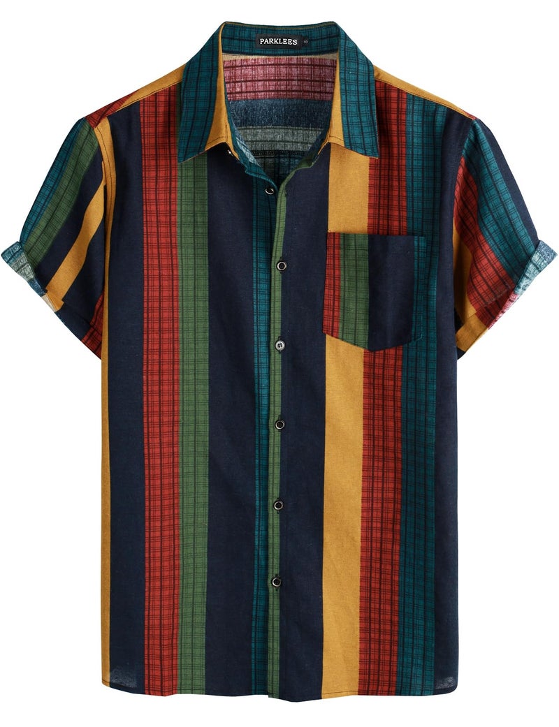 PARKLEES Men's Linen 70s Hippie Style Floral Print Shirt Short Sleeve Button Down Hawaiian Shirts Colorful Stripe XX-Large - Image 1