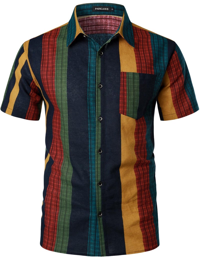 PARKLEES Men's Linen 70s Hippie Style Floral Print Shirt Short Sleeve Button Down Hawaiian Shirts Colorful Stripe XX-Large - Image 2
