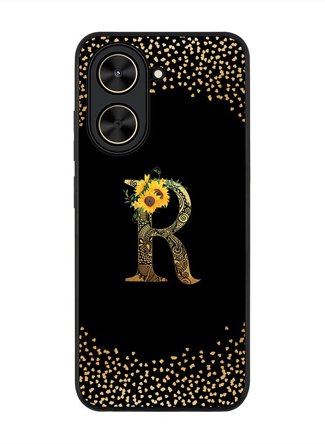 Stylizedd غطاء لهاتف Xiaomi Poco C71 / Redmi A5 4G، حماية كاميرا نحيفة، غطاء هاتف مضاد للصدمات - مونوغرام زهور مخصص - R (أسود)