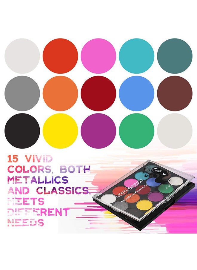 Poetry Gifts Face And Body Painting Kit For Kids, Professional Nontoxic Face Paint 15 Colors Kit With 2 Brushes, Body Makeup Paint Hypoallergenic Water Based Paints For Party Cosplay  - Image 2