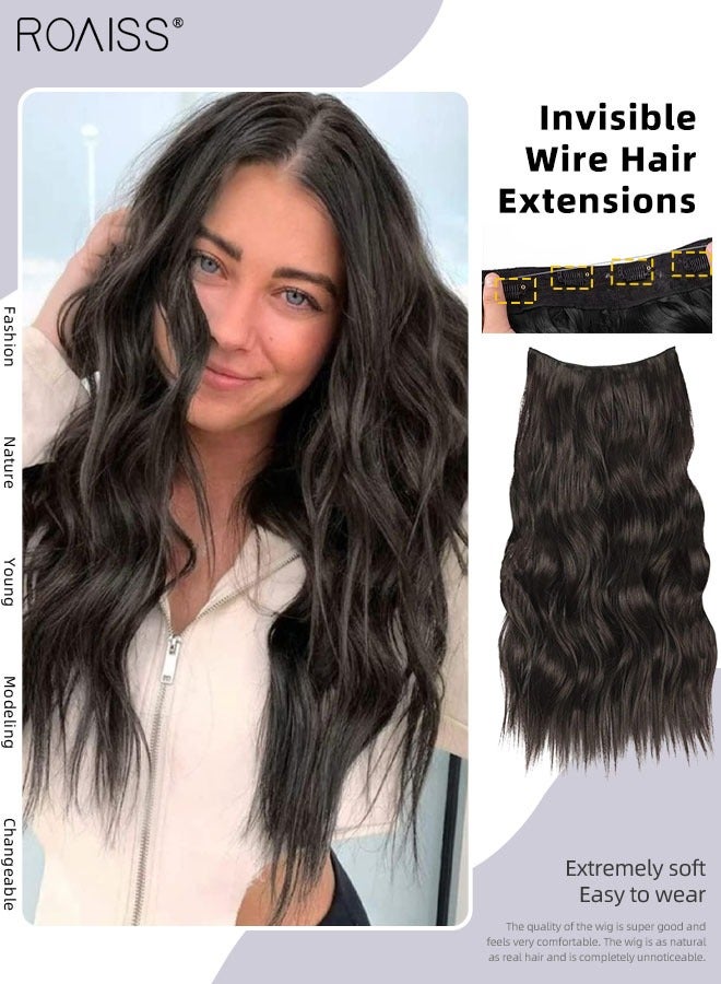 roaiss Invisible Wire Hair Extensions with Transparent Headband Adjustable Size with 4 Secure Clips Black Long Wavy Hairpiece 20 Inch for Women - Image 1