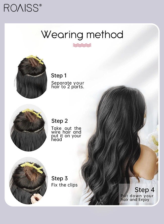 roaiss Invisible Wire Hair Extensions with Transparent Headband Adjustable Size with 4 Secure Clips Black Long Wavy Hairpiece 20 Inch for Women - Image 5