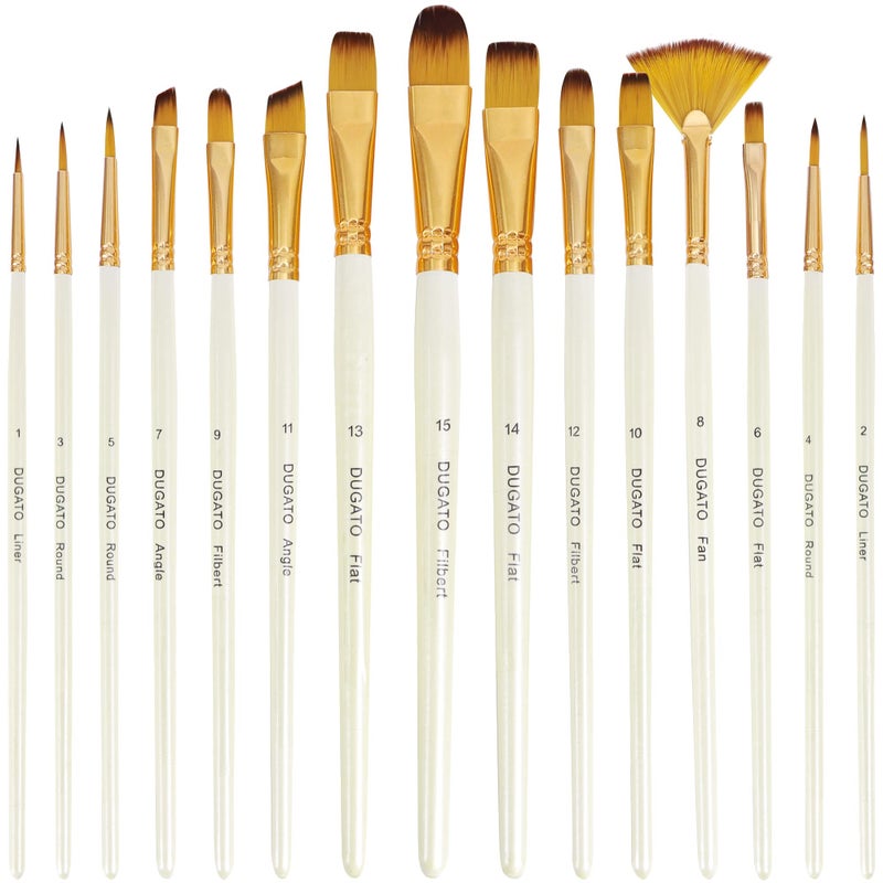 DUGATO 15 Piece Artist Paint Brush Set AntiShedding Nylon Hair Brushes with Comfortable Grip for Acrylic Watercolor Oil Gouache Crafts Suitable for All Skill Levels Beginners and Hobbyists