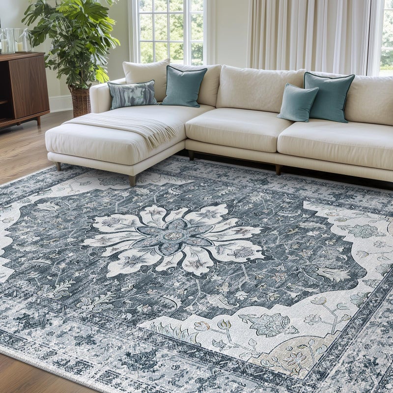 RELEANY Area Rugs 8'x10' Washable Non-Slip, Floral Vintage Distress Print Pattern Medallion Carpet for Living Room Bedroom Dining Room, Light Gray Grey White - Image 1