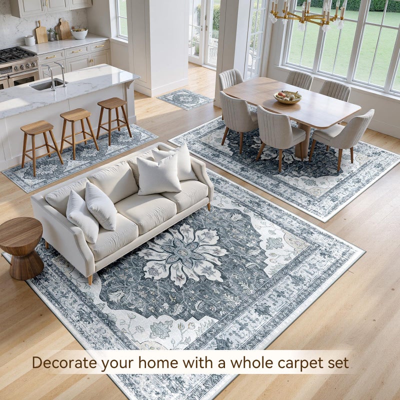 RELEANY Area Rugs 8'x10' Washable Non-Slip, Floral Vintage Distress Print Pattern Medallion Carpet for Living Room Bedroom Dining Room, Light Gray Grey White - Image 3
