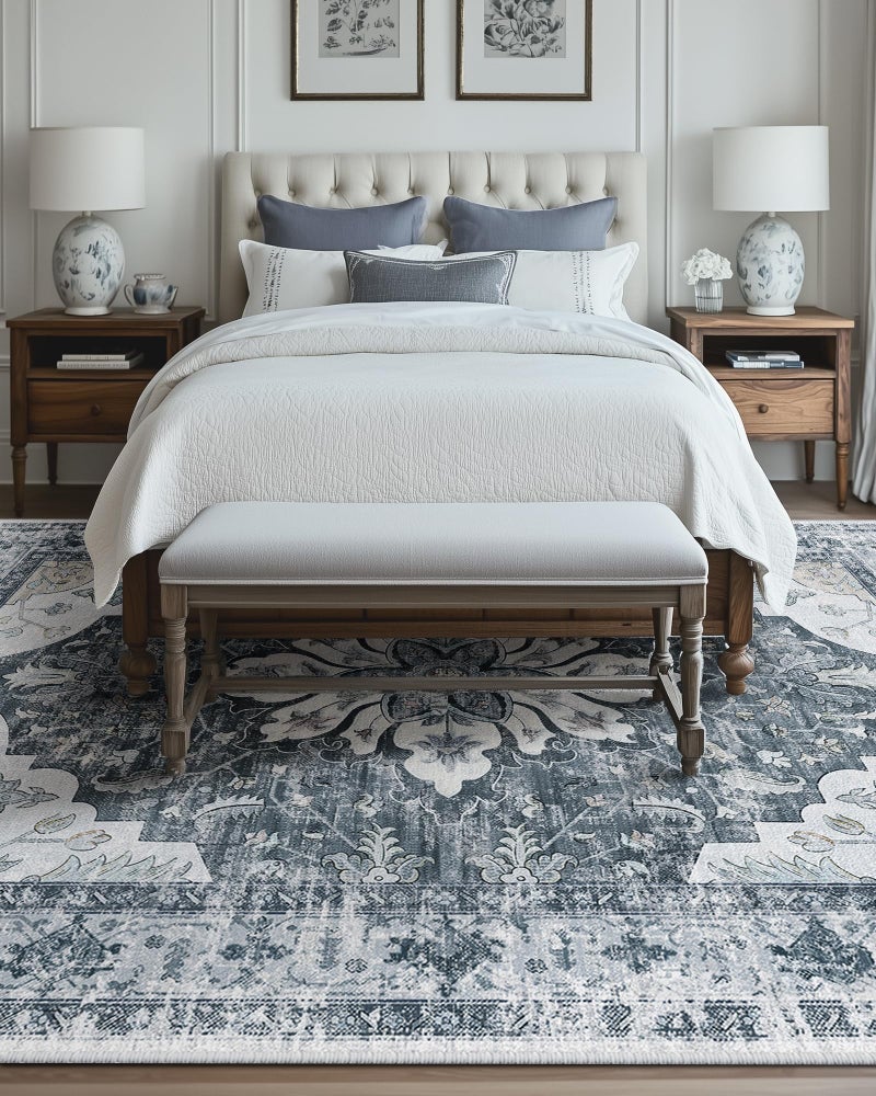 RELEANY Area Rugs 8'x10' Washable Non-Slip, Floral Vintage Distress Print Pattern Medallion Carpet for Living Room Bedroom Dining Room, Light Gray Grey White - Image 2