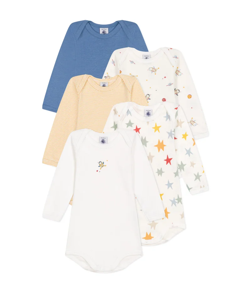Petit Bateau Babies' long-sleeved space-print cotton bodysuits - 5-pack