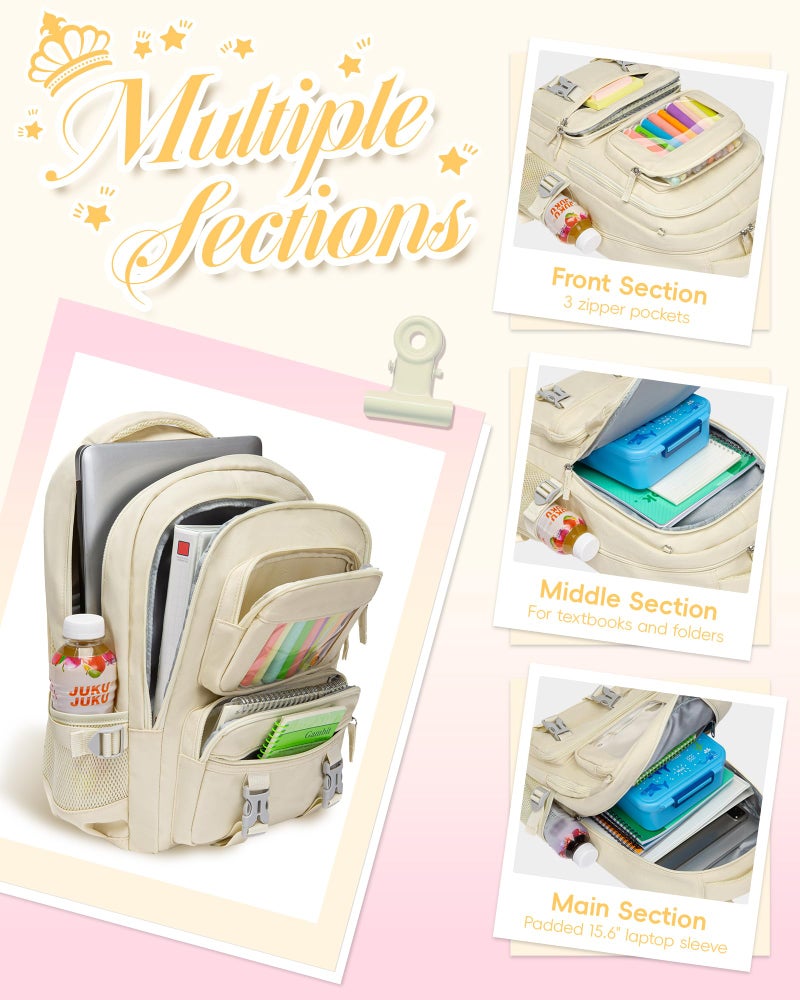 FOKDUVB Kids School Backpack for Girls Ages 6-8 8-10 10-12 12-14 Elementary Middle School Book Bags with Laptop Compartment for Teens Teenagers Girls Mochilas Escolares para NiÃ±as (Beige, Solid) - Image 2