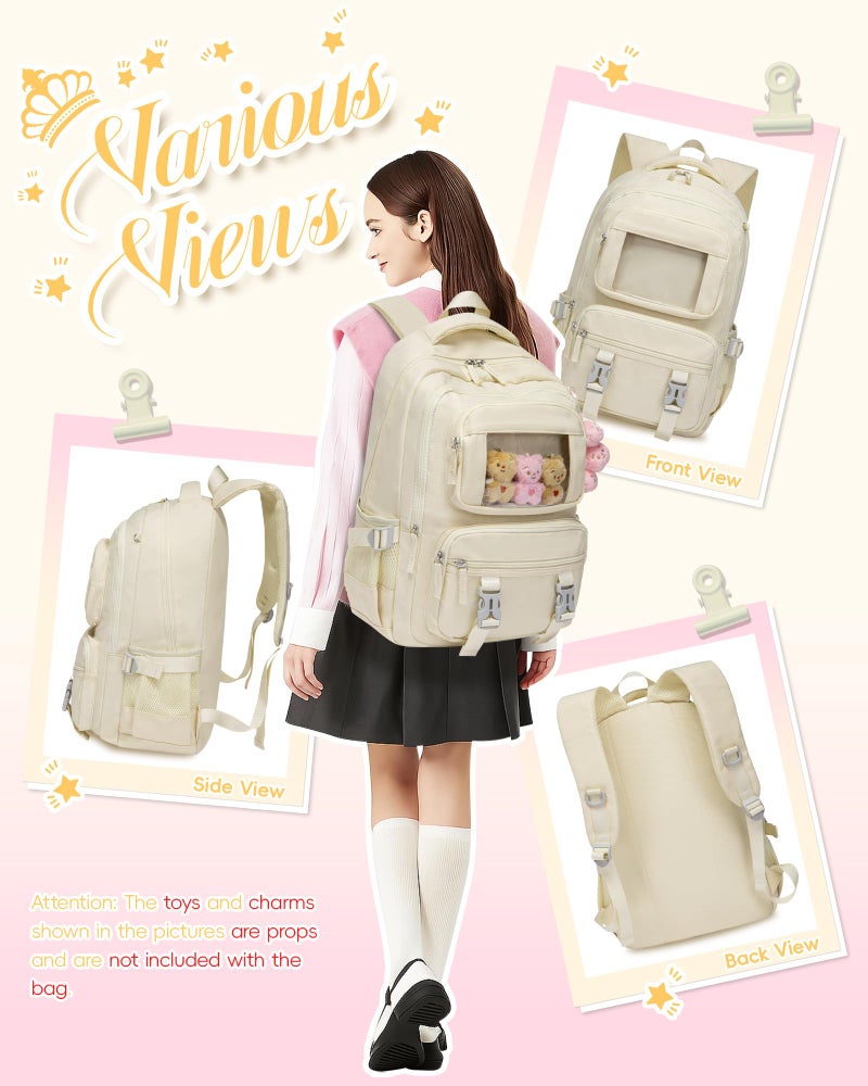 FOKDUVB Kids School Backpack for Girls Ages 6-8 8-10 10-12 12-14 Elementary Middle School Book Bags with Laptop Compartment for Teens Teenagers Girls Mochilas Escolares para NiÃ±as (Beige, Solid) - Image 3