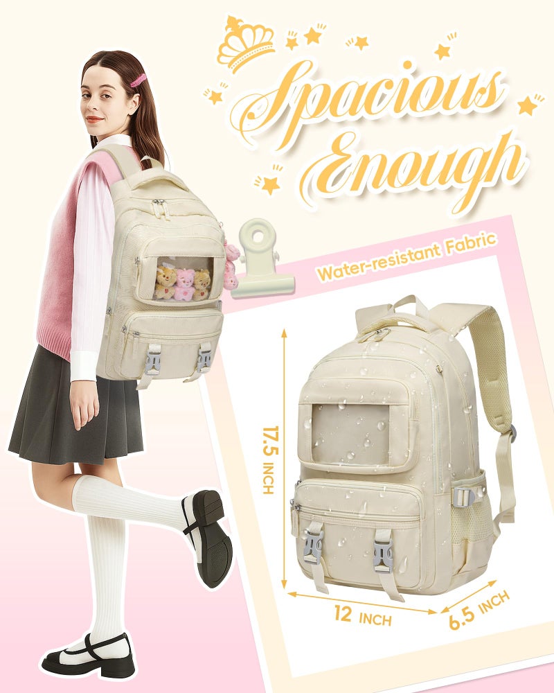 FOKDUVB Kids School Backpack for Girls Ages 6-8 8-10 10-12 12-14 Elementary Middle School Book Bags with Laptop Compartment for Teens Teenagers Girls Mochilas Escolares para NiÃ±as (Beige, Solid) - Image 5