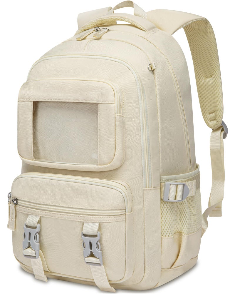FOKDUVB Kids School Backpack for Girls Ages 6-8 8-10 10-12 12-14 Elementary Middle School Book Bags with Laptop Compartment for Teens Teenagers Girls Mochilas Escolares para NiÃ±as (Beige, Solid) - Image 1