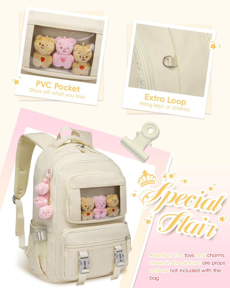 FOKDUVB Kids School Backpack for Girls Ages 6-8 8-10 10-12 12-14 Elementary Middle School Book Bags with Laptop Compartment for Teens Teenagers Girls Mochilas Escolares para NiÃ±as (Beige, Solid) - Image 4