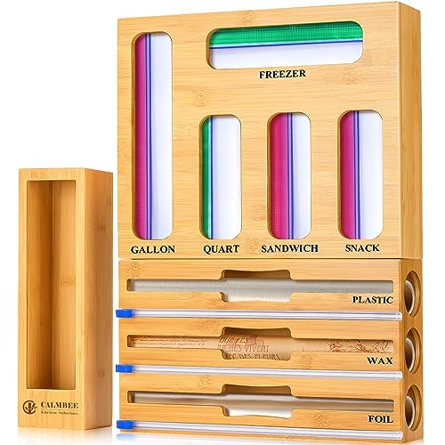 calmbee Calmbee 9 IN 1 Storage Bag Organizer for Kitchen Drawer Bamboo Foil and Plastic Wrap with Cutter Organizers Compatible Gallon Quart Sandwich Snack Size 