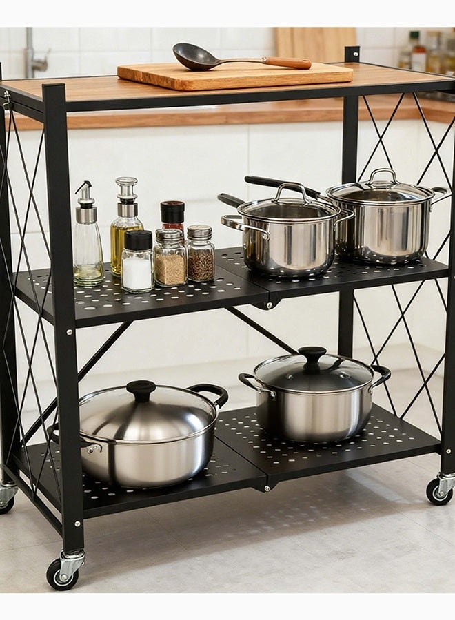 Noon East Kitchen Storage Rack and Heavy Duty Metal Shelving Unit on Rolling Cart for Kitchen, Garage, Basement, 3-Tier Thick Foldable Storage Shelves with Wheels, Large Capacity, Black- Size- 69cm x 35cm x 86cm - Image 1
