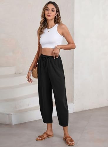 EVALESS Women's Summer High Waisted Baggy Pants Casual Ankle Length Trouser Slacks with Pockets Black L - Image 5