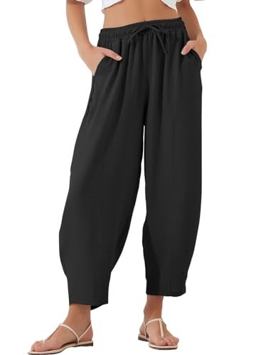 EVALESS Women's Summer High Waisted Baggy Pants Casual Ankle Length Trouser Slacks with Pockets Black L - Image 1