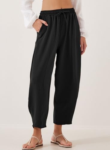 EVALESS Women's Summer High Waisted Baggy Pants Casual Ankle Length Trouser Slacks with Pockets Black L - Image 2