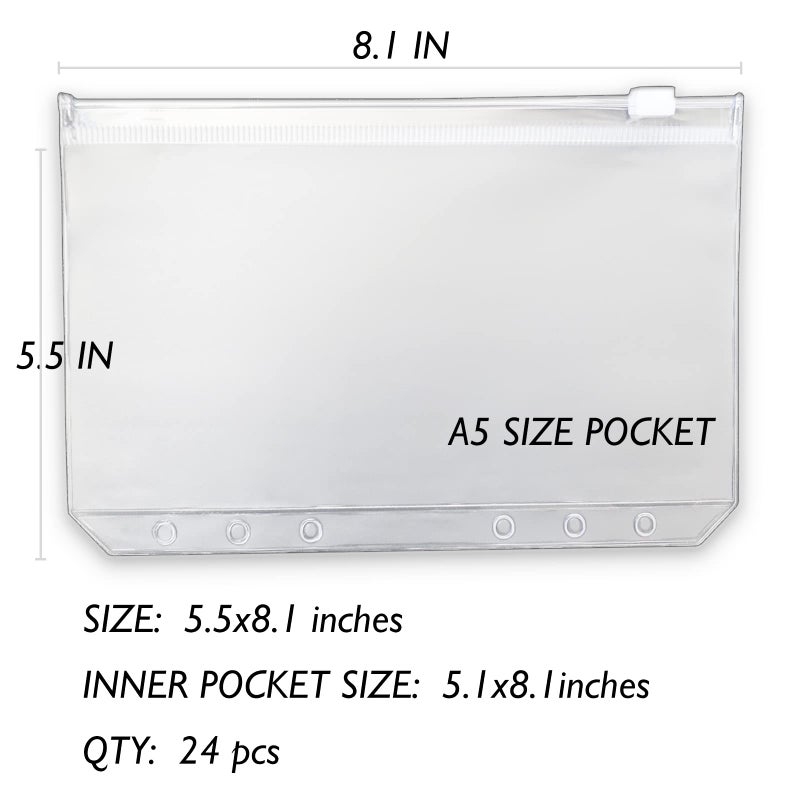 tutata 24PCS A5 Binder Pockets A5 Budget Envelopes with Zipper Binder Zipper Folders for A5 6-Ring Notebook Binder, Waterproof Cash Envelope Document Filing Bags - Image 2