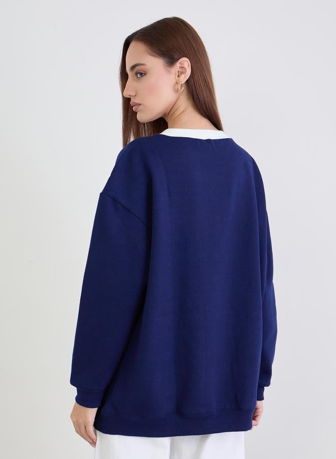 Styli Navy Blue Regular Fit Longline Sweatshirt - Image 5