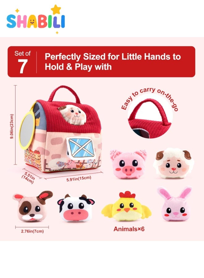 SHABILI Soft Farm Shape Sorter Barn Toy with 6 Plush Animal Rattles – Sensory Crinkles, Safe Mirror & Carry Handle, Montessori Fill-and-Dump Busy Bag for Babies 6-24 Months, Washable Fabric Learning Toy - Image 5