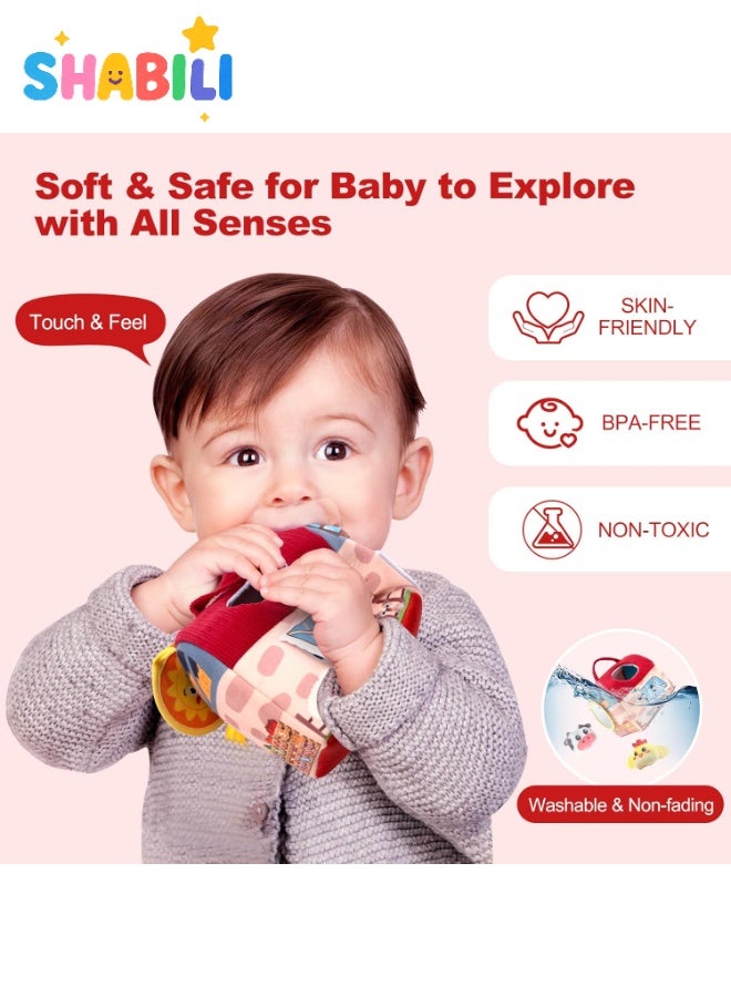 SHABILI Soft Farm Shape Sorter Barn Toy with 6 Plush Animal Rattles – Sensory Crinkles, Safe Mirror & Carry Handle, Montessori Fill-and-Dump Busy Bag for Babies 6-24 Months, Washable Fabric Learning Toy - Image 4