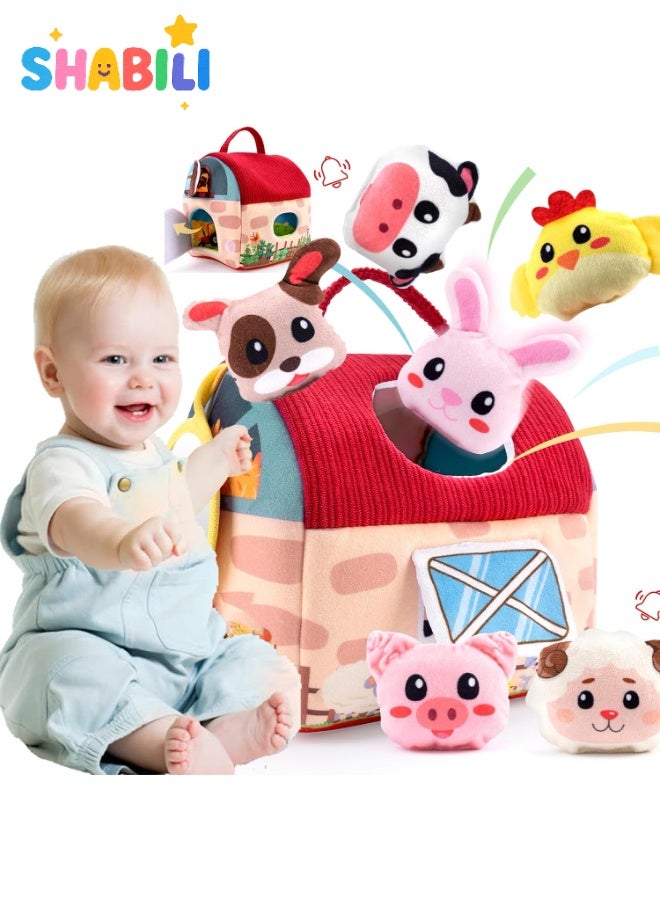SHABILI Soft Farm Shape Sorter Barn Toy with 6 Plush Animal Rattles – Sensory Crinkles, Safe Mirror & Carry Handle, Montessori Fill-and-Dump Busy Bag for Babies 6-24 Months, Washable Fabric Learning Toy - Image 1