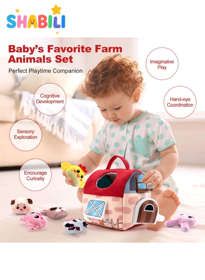 SHABILI Soft Farm Shape Sorter Barn Toy with 6 Plush Animal Rattles – Sensory Crinkles, Safe Mirror & Carry Handle, Montessori Fill-and-Dump Busy Bag for Babies 6-24 Months, Washable Fabric Learning Toy - Image 3