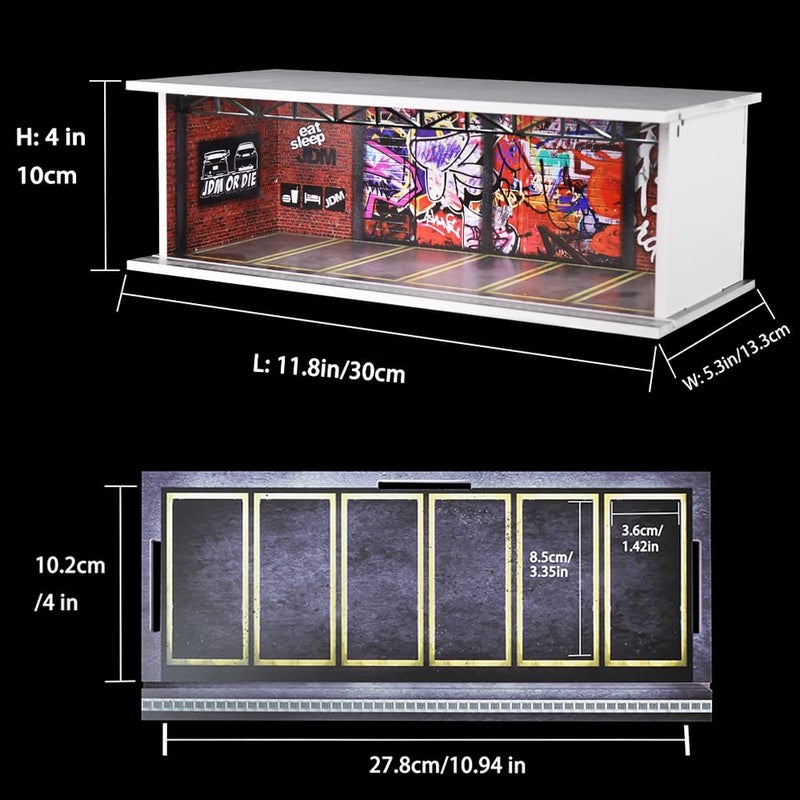 G-FANS Display Case for Hot Wheels - 1/64 Scale Die-cast Model Car Scenarios Display Case with LED Light and Acrylic Cover, Scenes Diorama Storage Garage with 6 Parking Spaces (JDM-G) - Image 2
