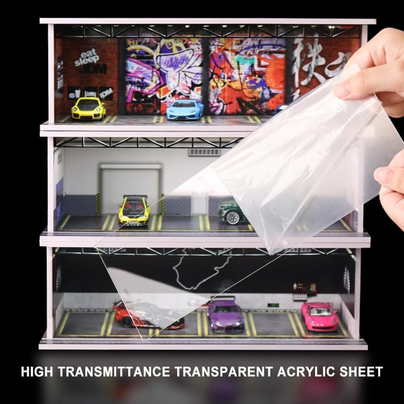 G-FANS Display Case for Hot Wheels - 1/64 Scale Die-cast Model Car Scenarios Display Case with LED Light and Acrylic Cover, Scenes Diorama Storage Garage with 6 Parking Spaces (JDM-G) - Image 5